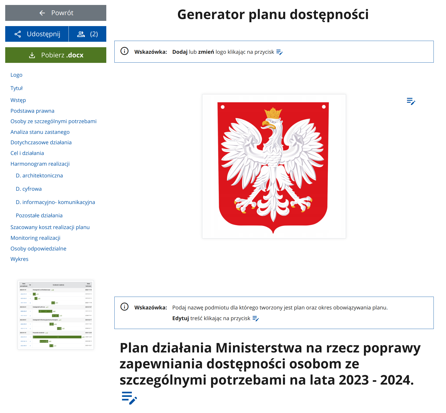 Screen planera przedstawiający konspekt, przyciski do powrotu i pobrania oraz część tworzonego dokumentu.